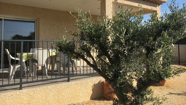 Un edificio con un porche cubierto, mesas al aire libre y un pequeño árbol.