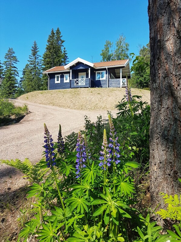 A two-story house with a sloped roof, surrounded by a gravel driveway and lush greenery. - Stuga Ragnhild by the Lake Nerbjärken With Rowboat (Vena)