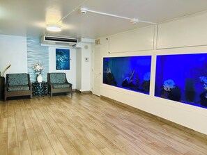 A room with two wicker sofas, a small table with a vase, and an aquarium with blue lighting. - "STEPS AWAY FROM THE WAIKIKI BEACH WITH OCEAN VIEW" (Honolulu)