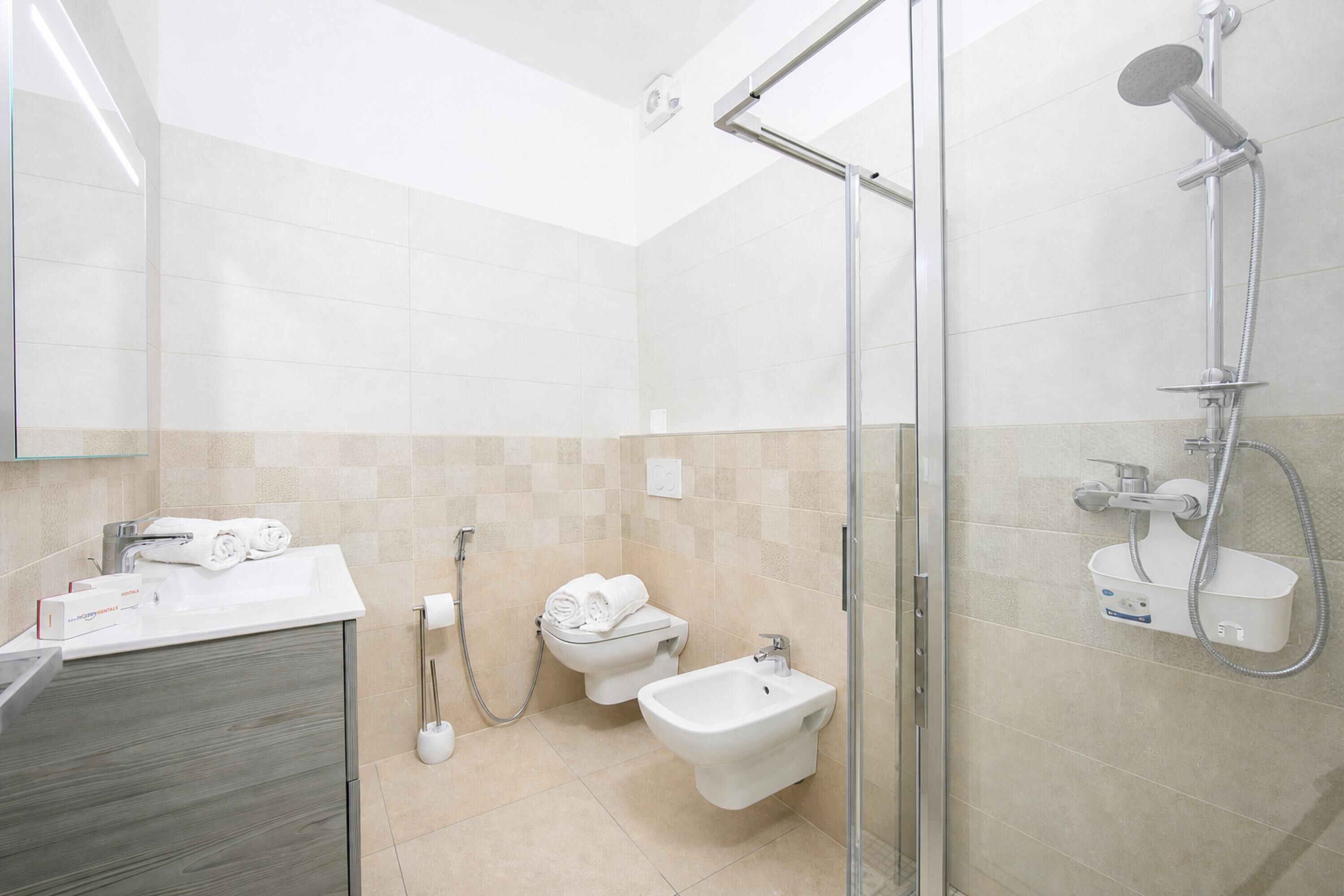 A bathroom with a shower, toilet, bidet, and sink.