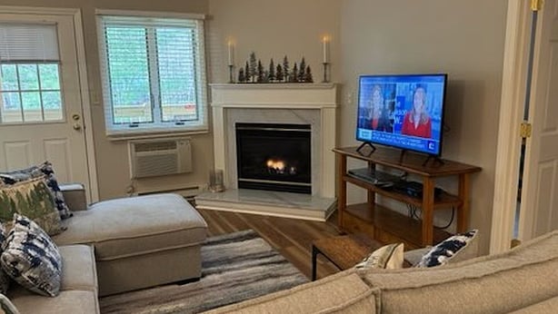Een woonkamer met een open haard, een televisie en een bank.