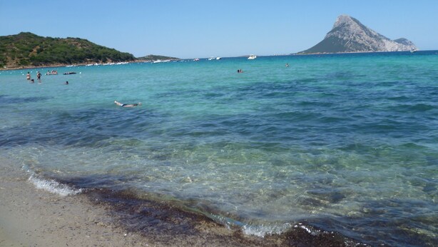 Une plage avec une eau cristalline, des bateaux et une montagne en arrière-plan.