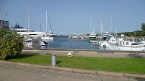 Un port de plaisance où sont amarrés différents types de bateaux, une zone herbeuse et une promenade pavée.