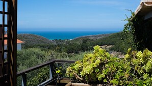 A balcony with a view of the sea and hills.