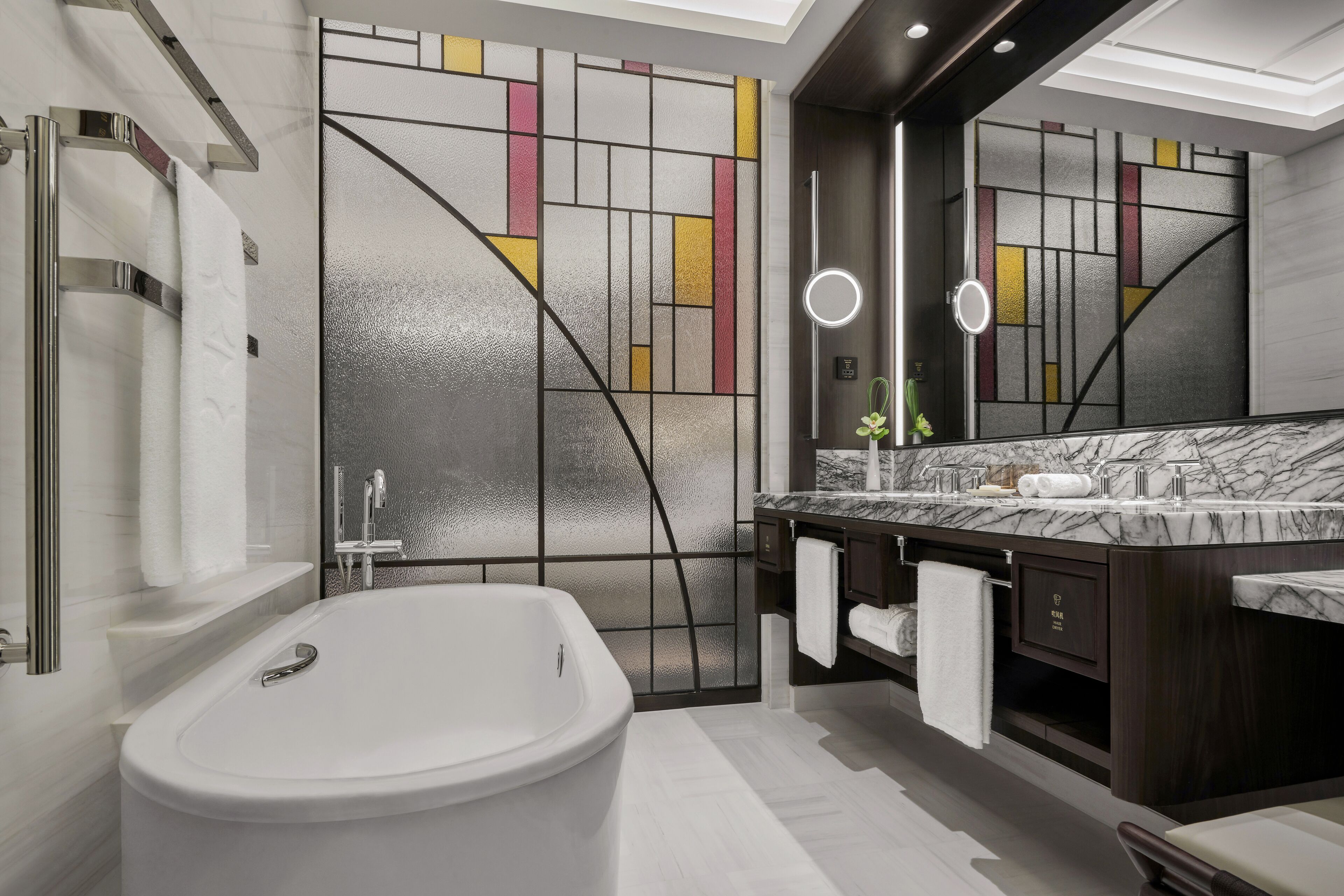 Shower, rainfall showerhead, designer toiletries, hair dryer