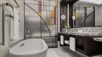 Shower, rainfall showerhead, designer toiletries, hair dryer