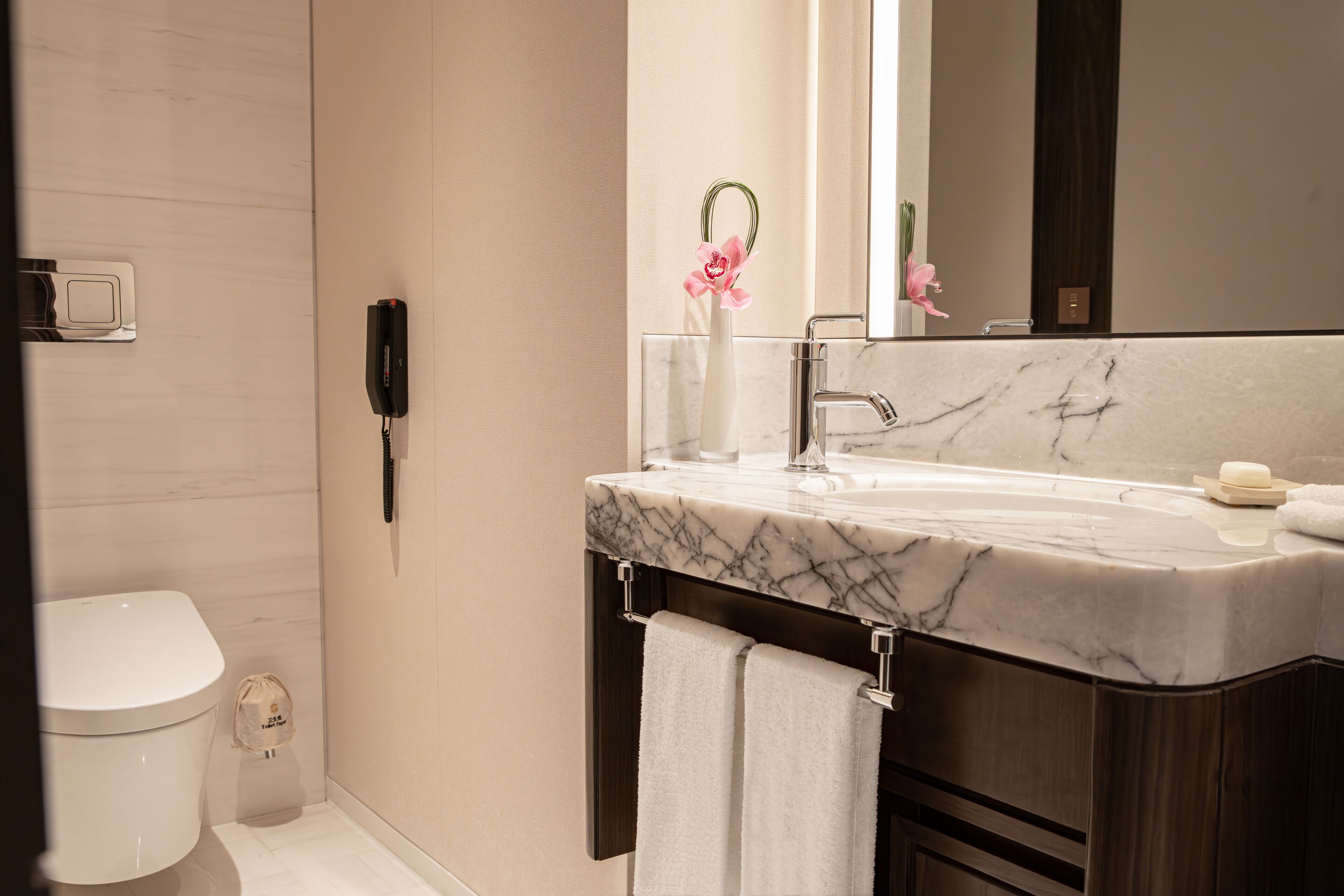 Une salle de bain avec un lavabo en marbre, des toilettes et un miroir.