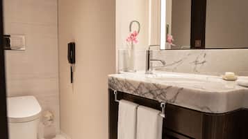 Une salle de bain avec un lavabo en marbre, des toilettes et un miroir.