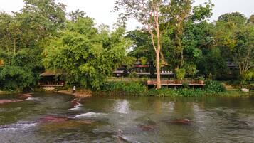 A riverside view with a wooden bridge, lush greenery, and a traditional building in the background.
