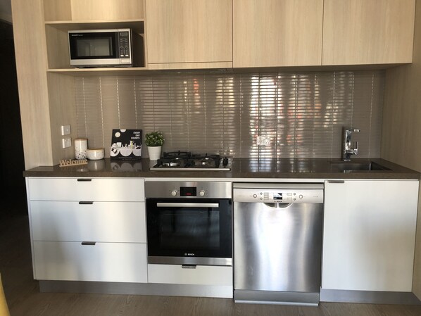 Fridge, microwave, oven, dishwasher