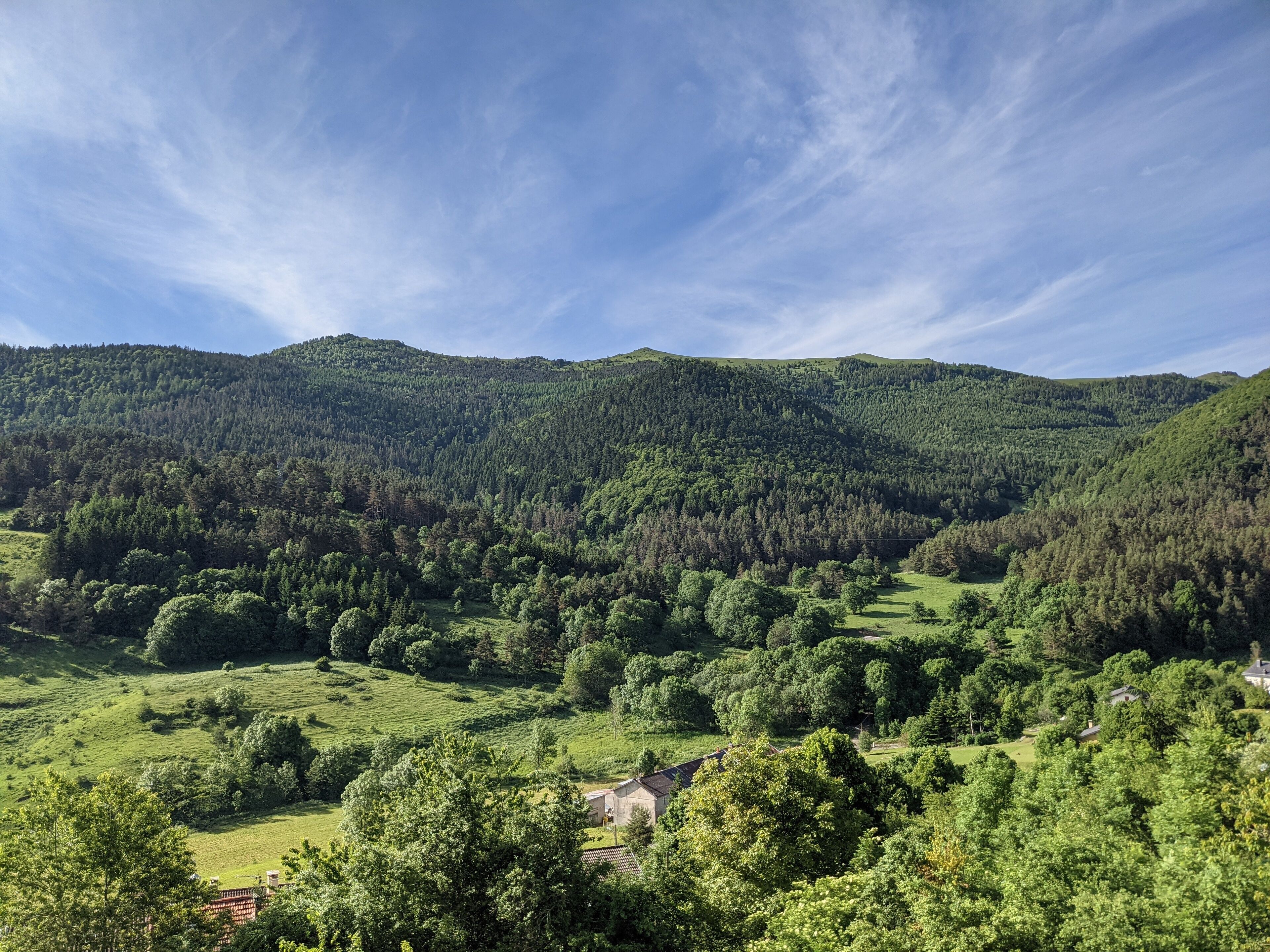 A mountainous landscape with dense forests and scattered houses.
