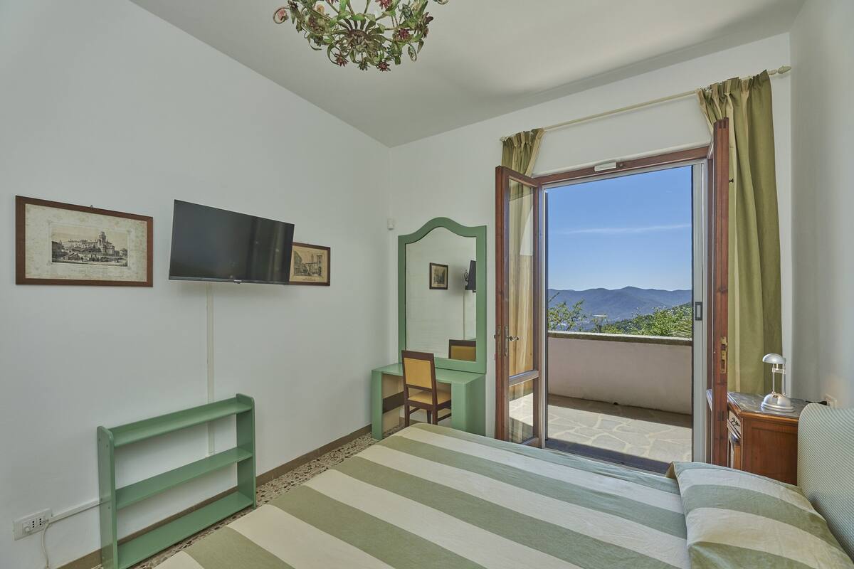 A bedroom with a bed, a television, a desk, a chair, a mirror, and a balcony with a view.