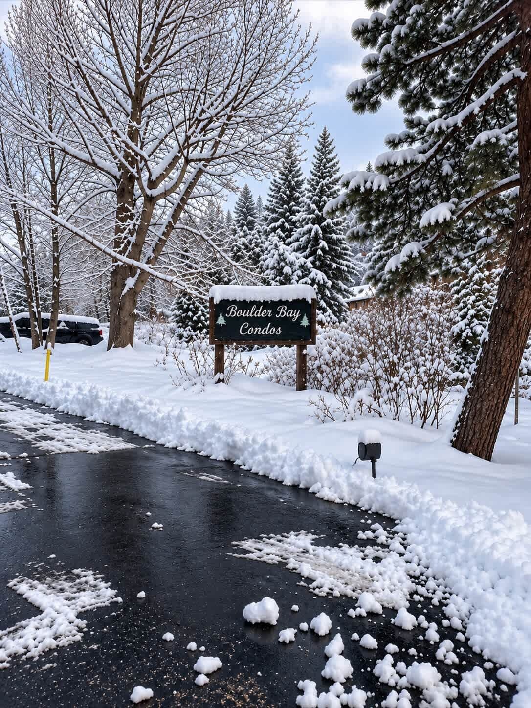 A snow-covered road with a sign for Boulder Bay Condos.