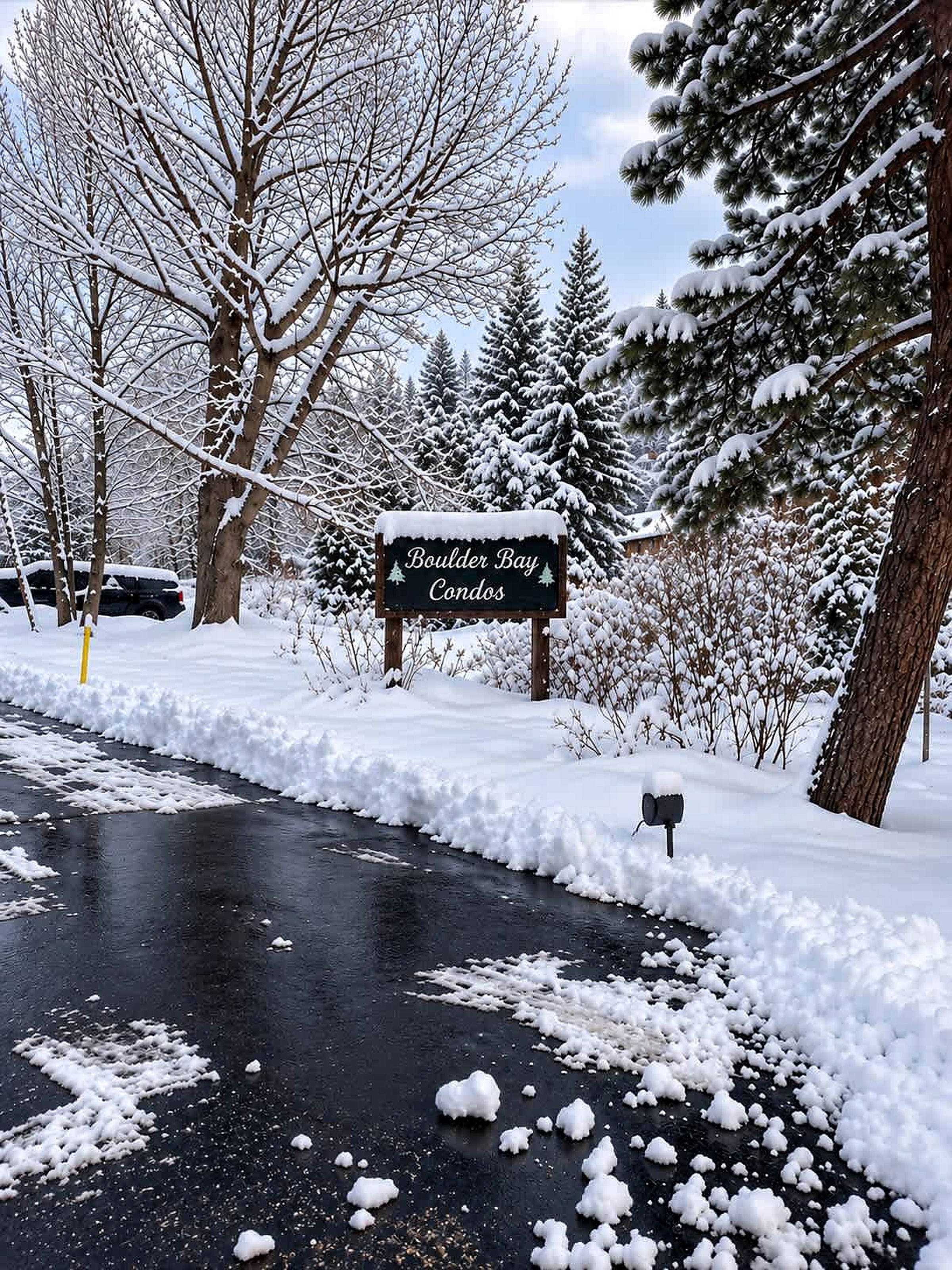 A snowy landscape with a sign for Boulder Bay Condos.