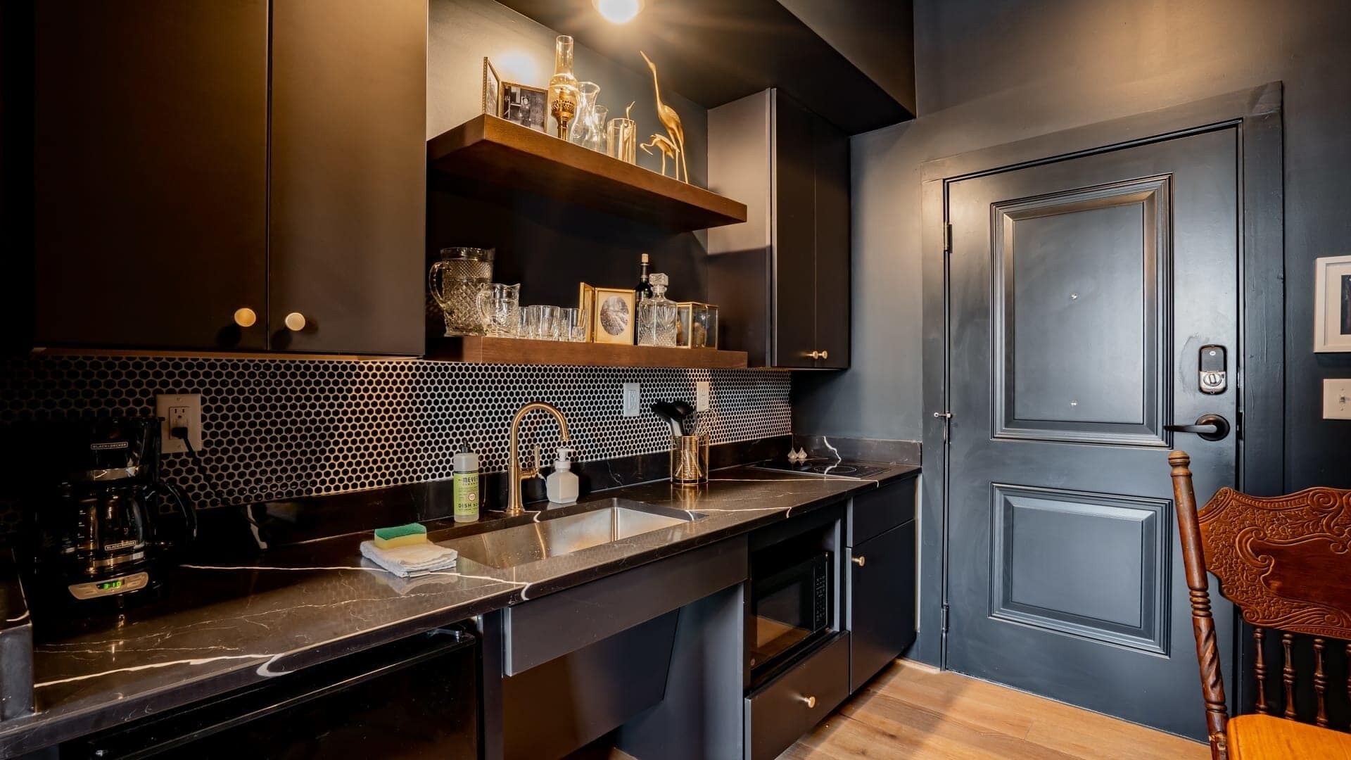 Microwave, stovetop, coffee/tea maker, toaster