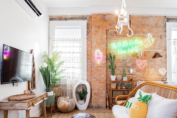 Vibrant living space with neon accents