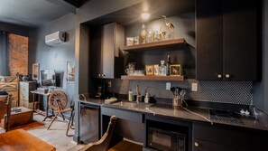 Microwave, stovetop, coffee/tea maker, toaster