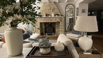 Smart-TV, Kamin, Bücher, Musikbibliothek