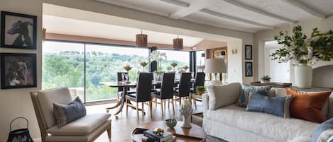 Smart TV, chimenea, libros y biblioteca musical