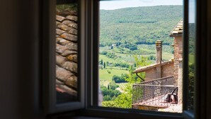 A view from a window overlooking a lush green valley with a stone wall and a balcony with wrought iron railings. - San Gimignano Town Garden - 10 pax (San Gimignano)