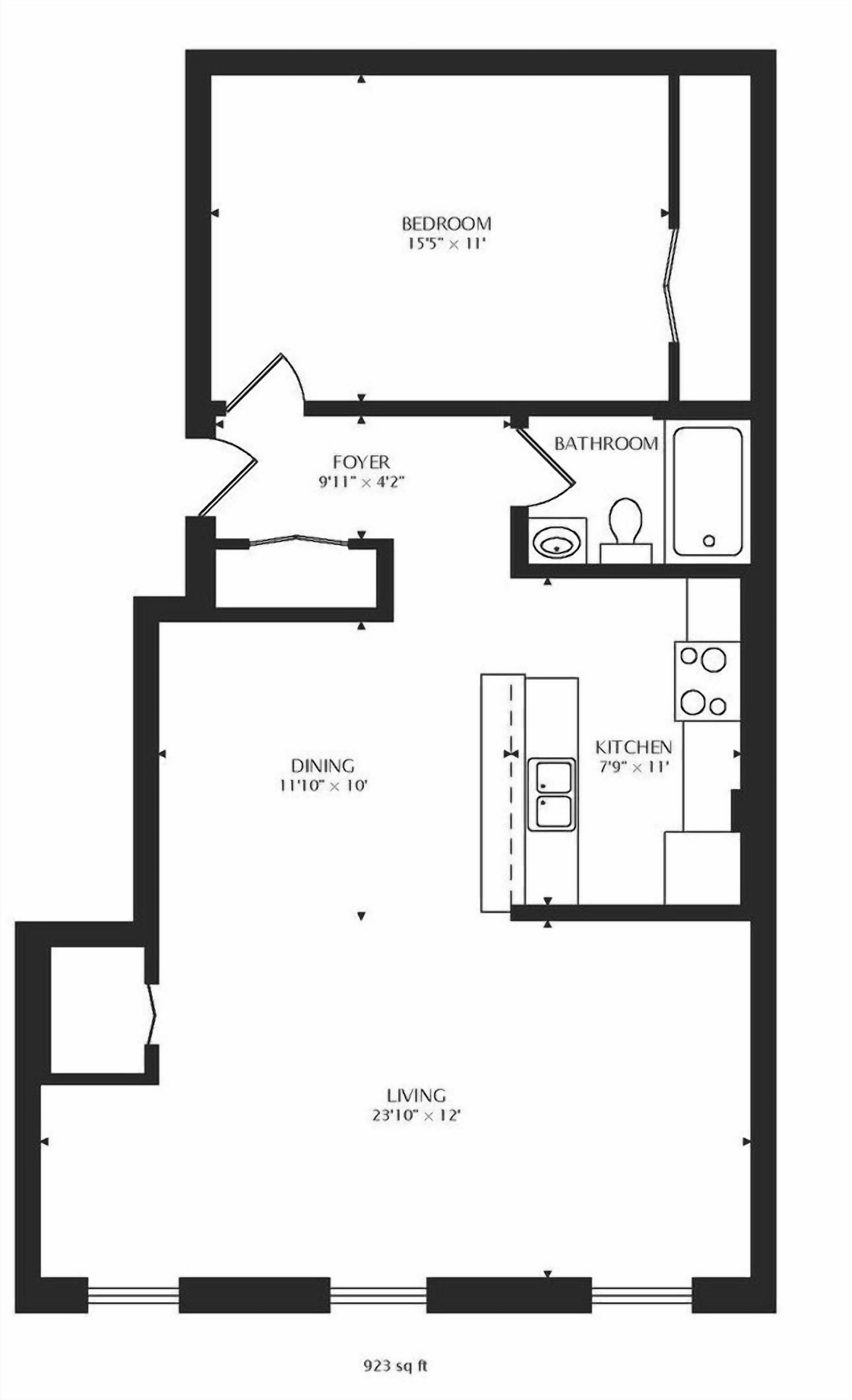 A floor plan of a 923 sq ft apartment with a bedroom (15'5" x 11'), a dining area (11'10" x 10"), a kitchen (7'9" x 11"), a living room (23'10" x 12"), and a foyer (9'11" x 4'2").