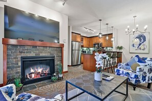 Télévision, cheminée, chaîne hi-fi, espaces bureaux