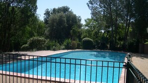 Une piscine rectangulaire entourée d’une clôture en métal noir, elle-même bordée d’arbres et de verdure.