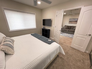 2 bedrooms, desk, iron/ironing board, travel cot