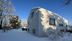Moderni, kaksikerroksinen talo, jonka kalteva katto on lumen peitossa. Taloa ympäröivät lumiset puut ja sen yllä on kirkas, sininen taivas.