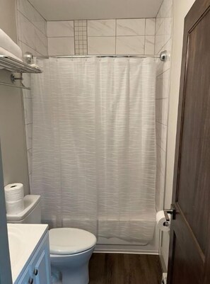 Combined shower/tub, hair dryer, towels, soap