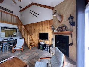 Smart TV, fireplace, books, stereo