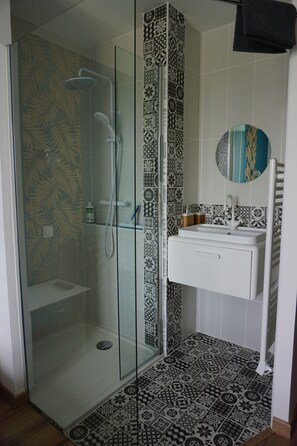 Douche, séchoir à cheveux, serviettes fournies, savon