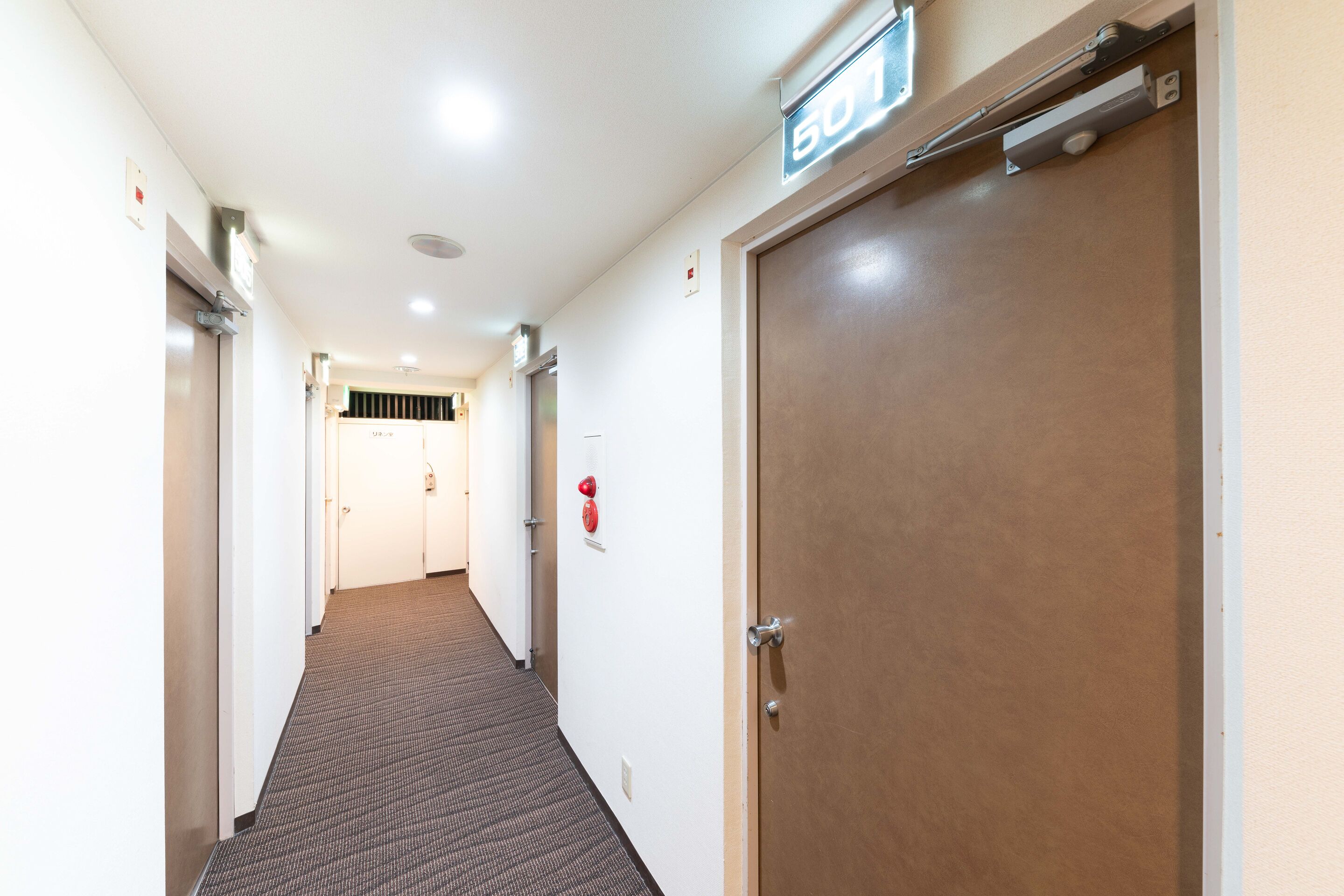 Un pasillo de hotel con piso alfombrado, una puerta con el número 501 y un detector de incendios en la pared.