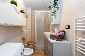 Een douche, een haardroger, een bidet, handdoeken
