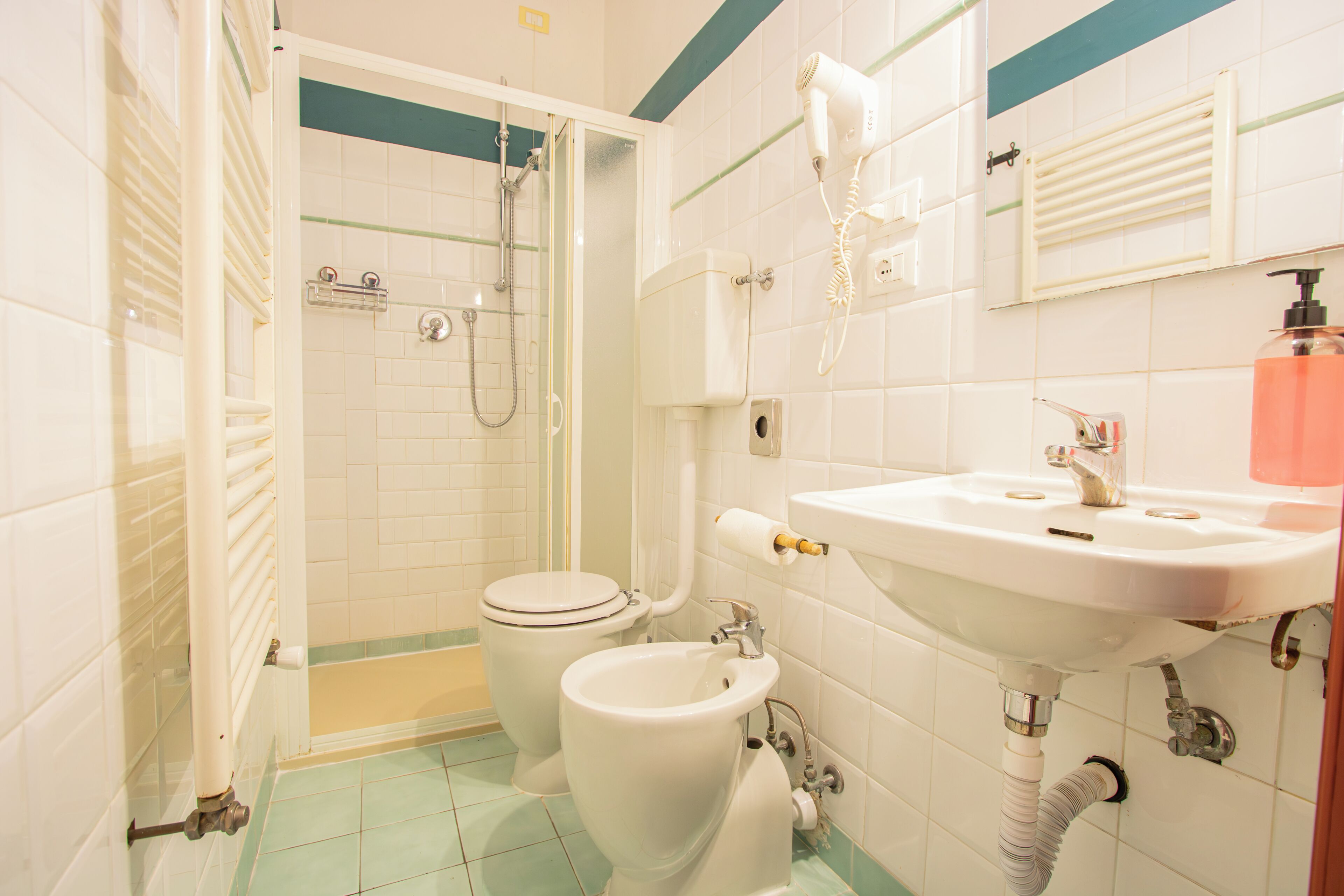 A bathroom with a shower, toilet, bidet, sink, and hairdryer.