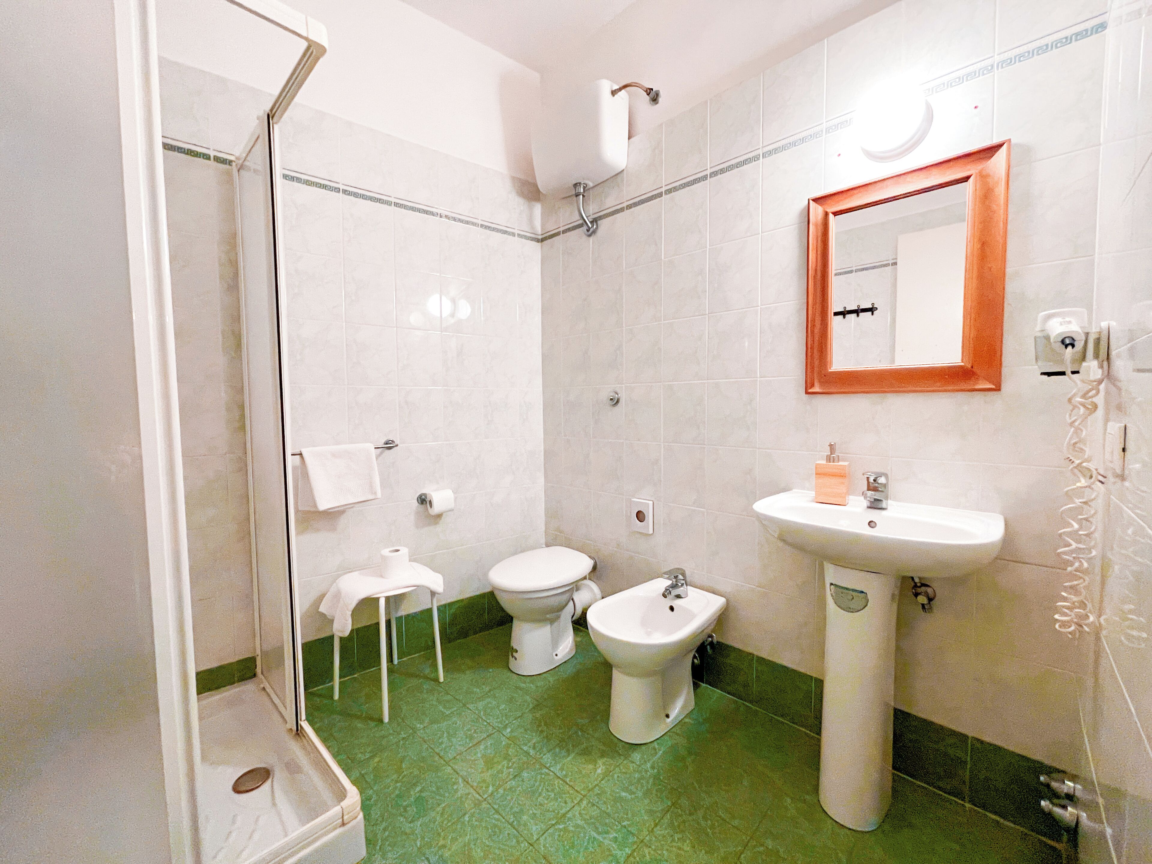 A bathroom with a shower, toilet, bidet, and sink.