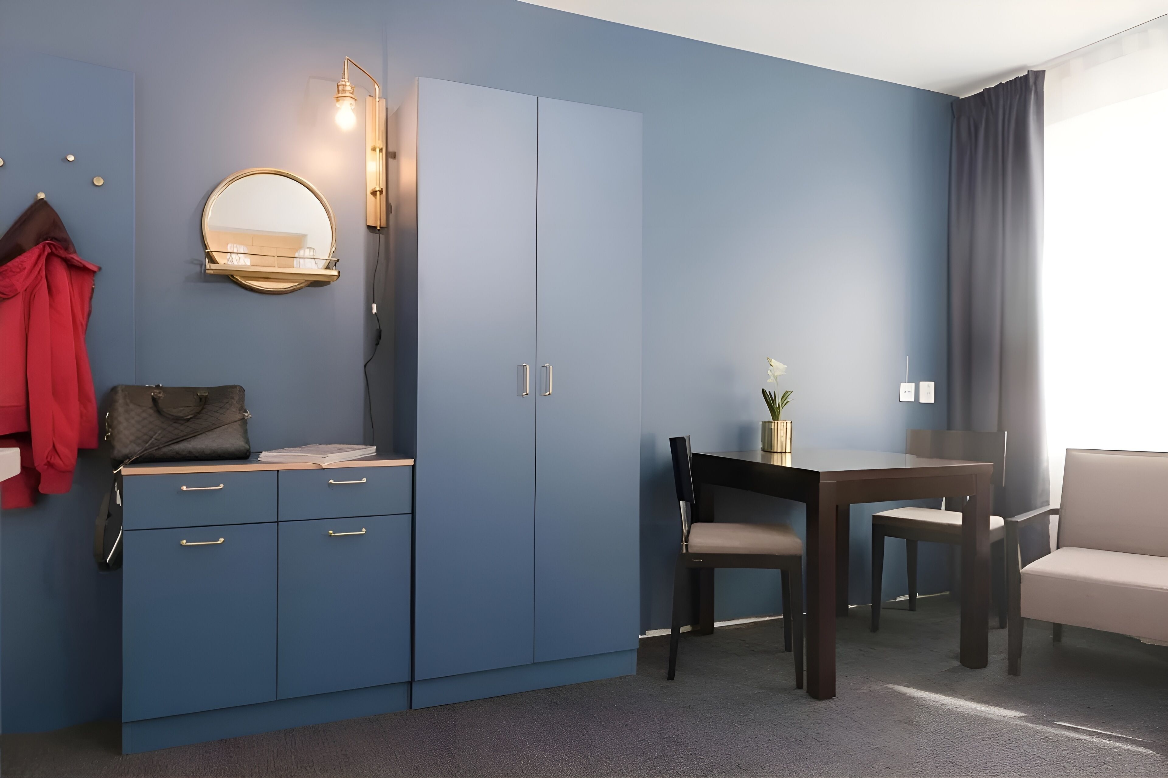 premium bedding, laptop workspace, blackout curtains, soundproofing