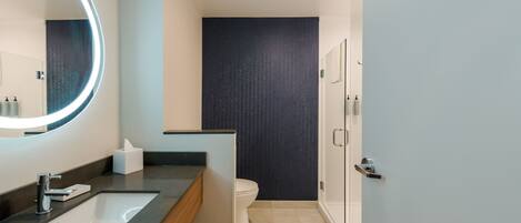 Un baño moderno con un espejo grande, un lavabo, un inodoro y una zona de ducha.