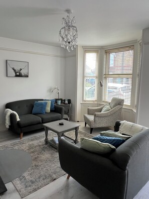 Smart TV, fireplace, DVD player, books