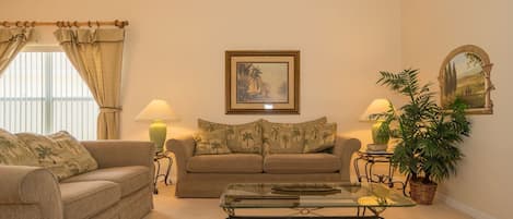 House, Multiple Beds, Private Pool, Golf View | Living room | 42-inch TV with cable channels, MP3 dock