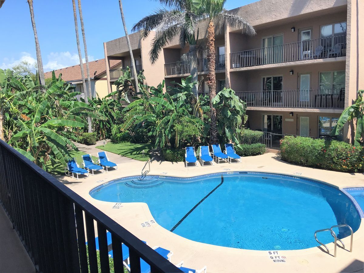 A hotel pool with blue lounge chairs, palm trees, and a building with balconies.