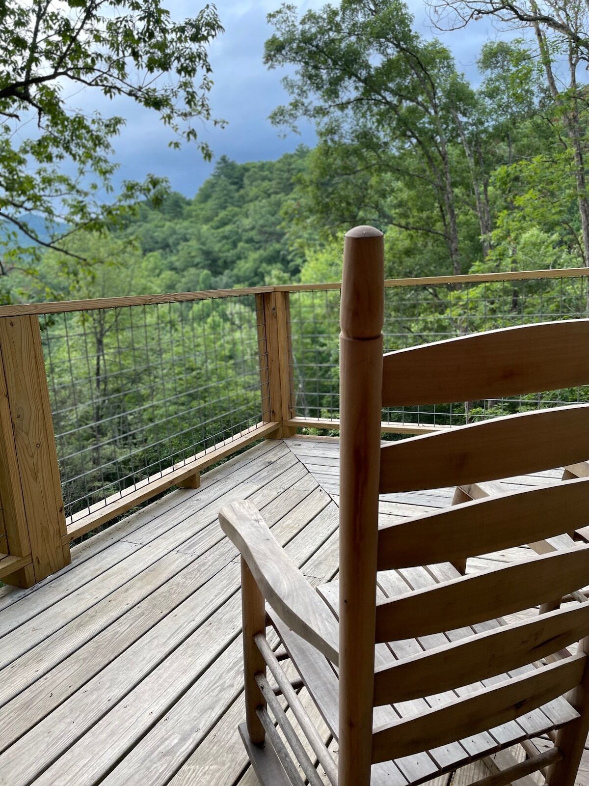A wooden deck with a metal railing overlooking a forested area.