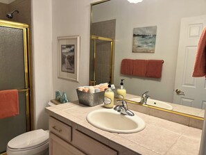 Combined shower/bathtub, hair dryer, towels, soap - Natural Wonder in North Colorado Springs;  Entire Floor With Private Entry   (Colorado Springs)