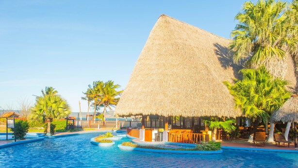 A resort pool area with a thatched-roof structure, palm trees, and lounge chairs. - Nandel Beach Resort (La Cruz)
