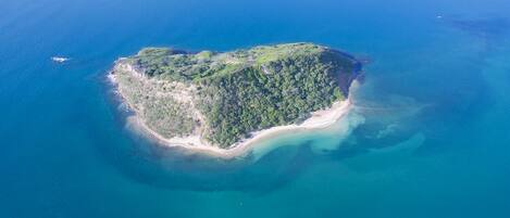 An aerial view of a small, lush island with a narrow beach and clear blue waters.