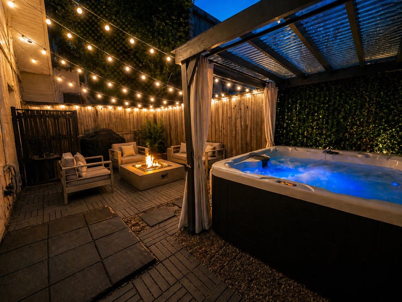 Private outdoor hot tub beneath a covered pergola accompanied by a fire pit, and BBQ grill underneath warm string lighting perfect for relaxing and unwinding in the evening.