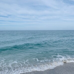 Ein Strand mit ruhigem Wasser und wolkenlosem Himmel.