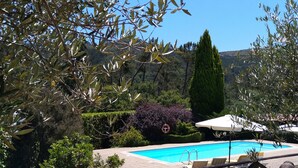 A swimming pool surrounded by a wooden fence, with a clear blue sky and greenery in the background. - Casa de Campo, Casa do Batocal (Fataunços)