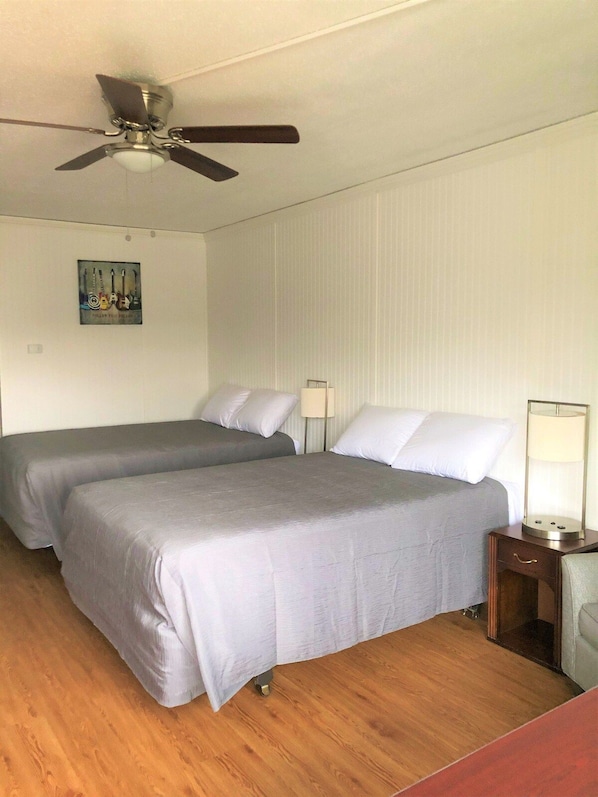 A hotel room with two beds, a ceiling fan, a bedside lamp, and a wall-mounted artwork. - Rodeway Inn Nashville (Nashville)