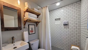 Casa de banho com chuveiro, sanita, lavatório e espelho.
